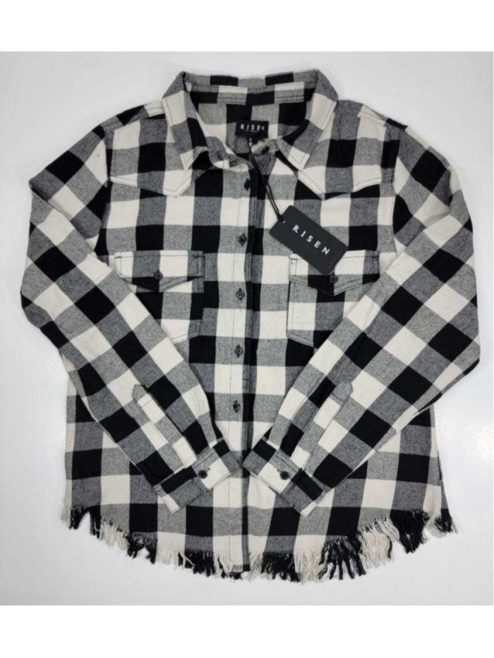 NEW Risen Womens Frayed Hem Flannel Shirt Black White Buffalo Plaid Medium M NWT